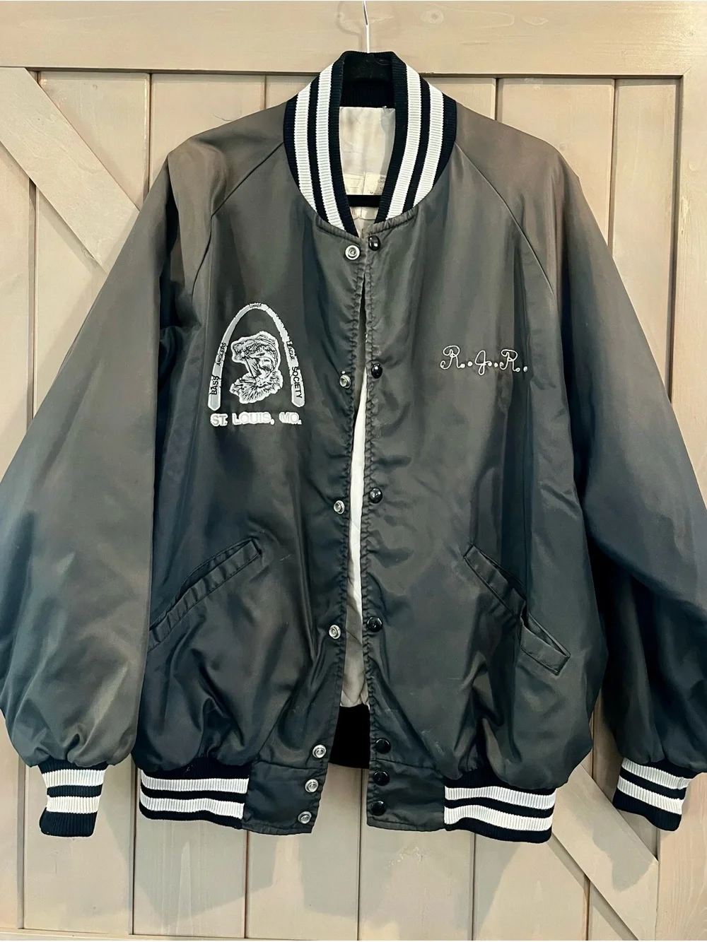 Vintage Fly Fishing Black Satin Bomber Jacket St. Louis MO
